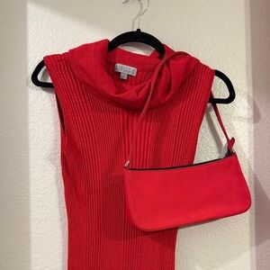 Y2K Red Ribbed Sleeveless Turtleneck Top + Red Baguette Mini Shoulder Bag Bundle